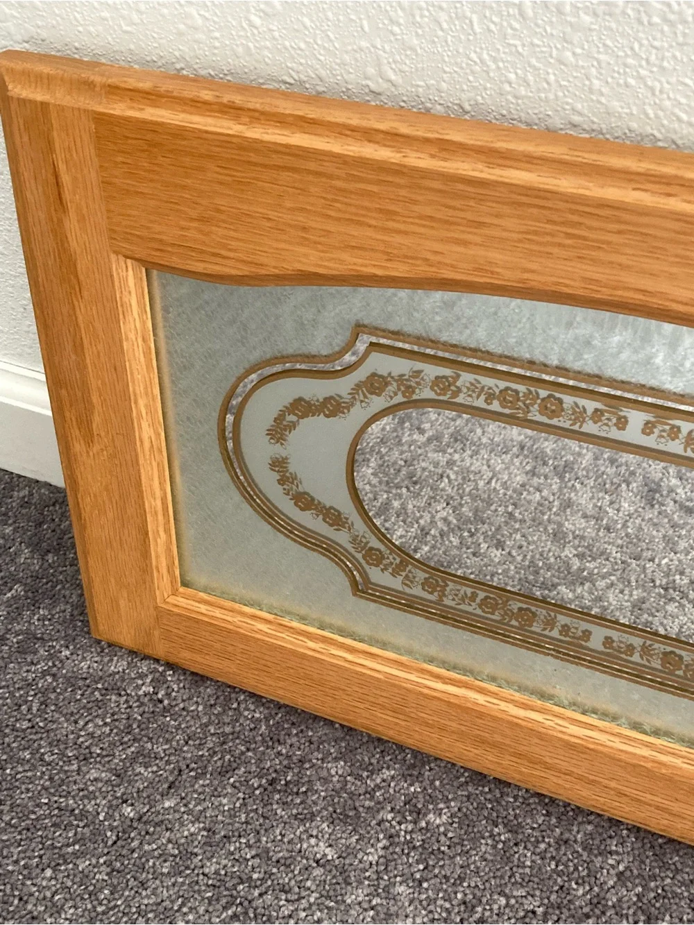 Vintage Oak Framed Etched Glass Floral Accent Wall Mirror Cathedral Arch Cottage